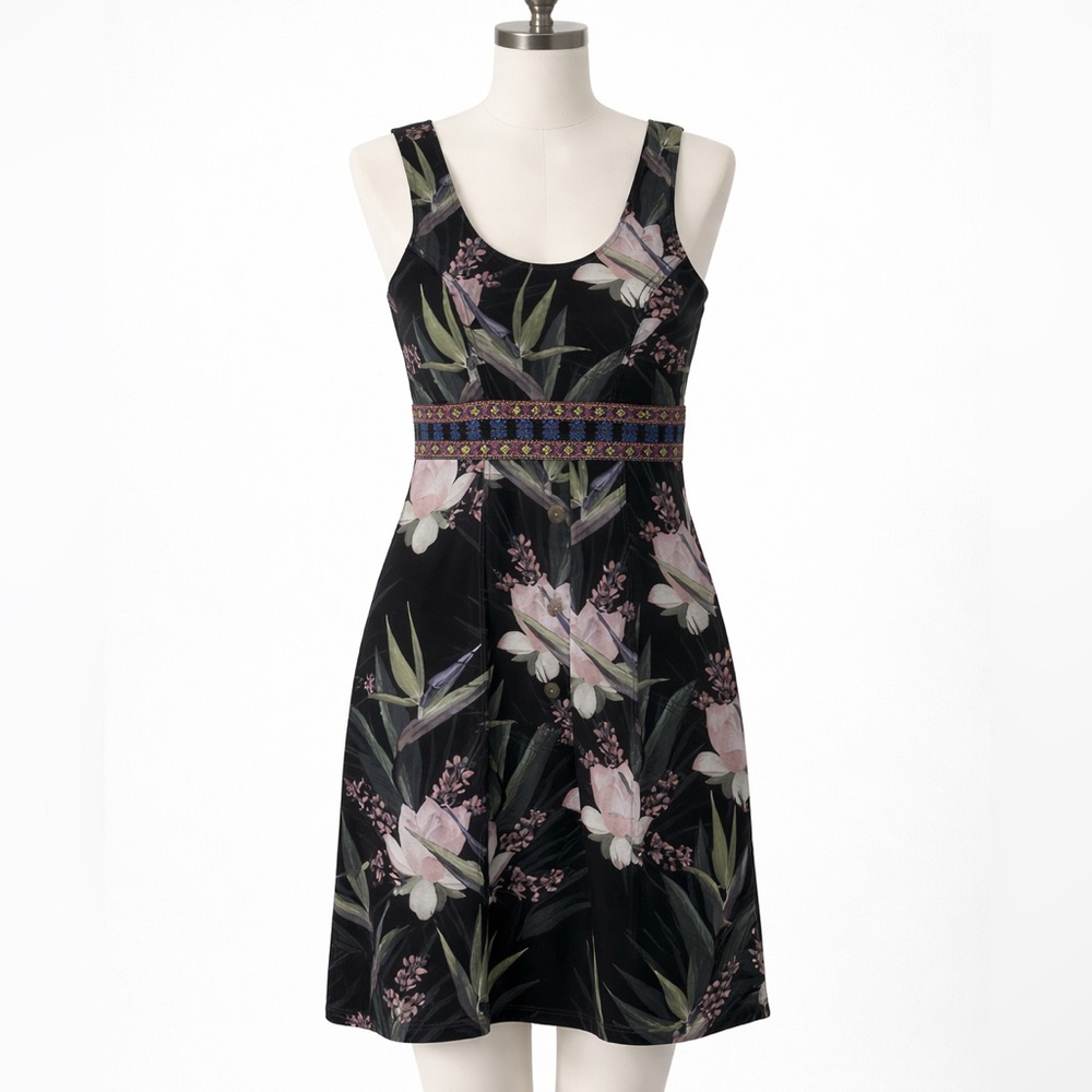 Desigual Floral Tropical Print Dress with Embroidered Waist – Size M